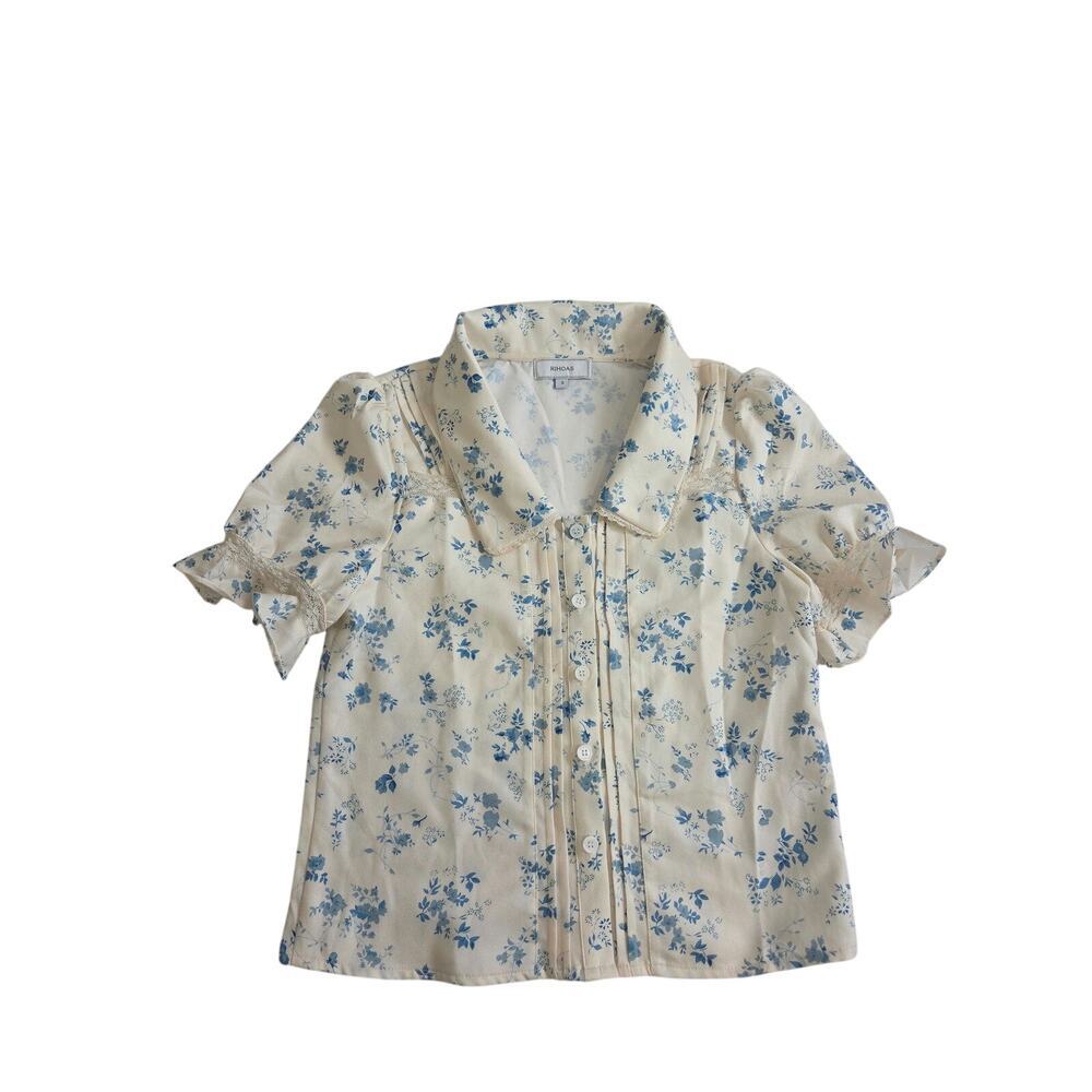 RIHOAS The Lace Spliced Pleated Floral Shirt Blue/Off White
